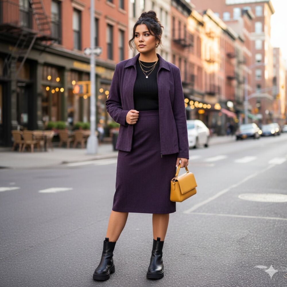 Vintage Suit Set Zip Jacket & Midi Skirt Briggs Purple Vegan Suede Womens 18W